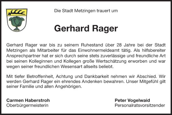 Traueranzeige von Gerhard Rager von Metzinger-Uracher Volksblatt