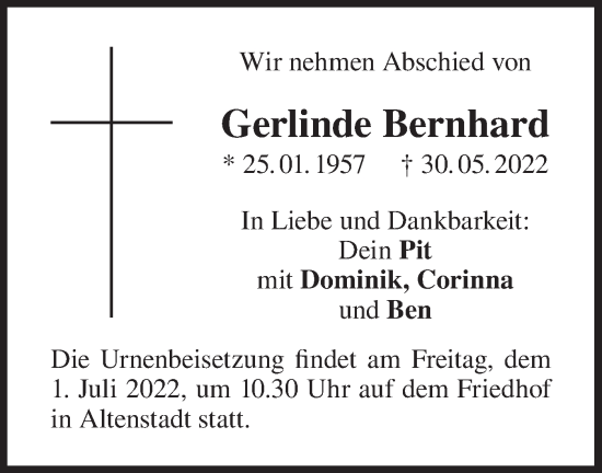 Traueranzeige von Gerlinde Bernhard von SÜDWEST PRESSE Ausgabe Ulm/Neu-Ulm