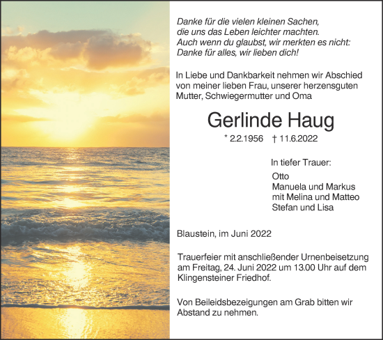 Traueranzeige von Gerlinde Haug von SÜDWEST PRESSE Ausgabe Ulm/Neu-Ulm