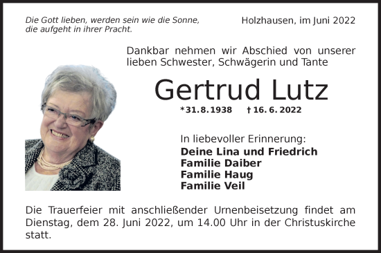 Traueranzeige von Gertrud Lutz von NWZ Neue Württembergische Zeitung