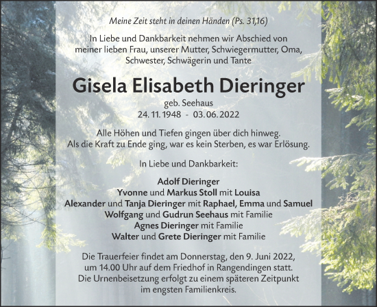 Traueranzeige von Gisela Elisabeth Dieringer von Metzinger-Uracher Volksblatt