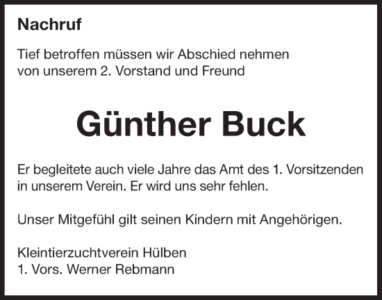 Traueranzeige von Günther Buck von Metzinger-Uracher Volksblatt