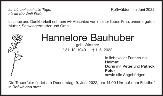 Traueranzeige von Hannelore Bauhuber von NWZ Neue Württembergische Zeitung