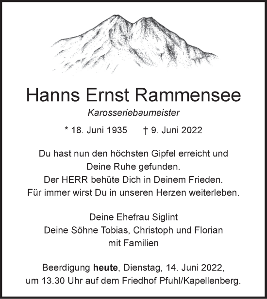 Traueranzeige von Hanns Ernst Rammensee von SÜDWEST PRESSE Ausgabe Ulm/Neu-Ulm