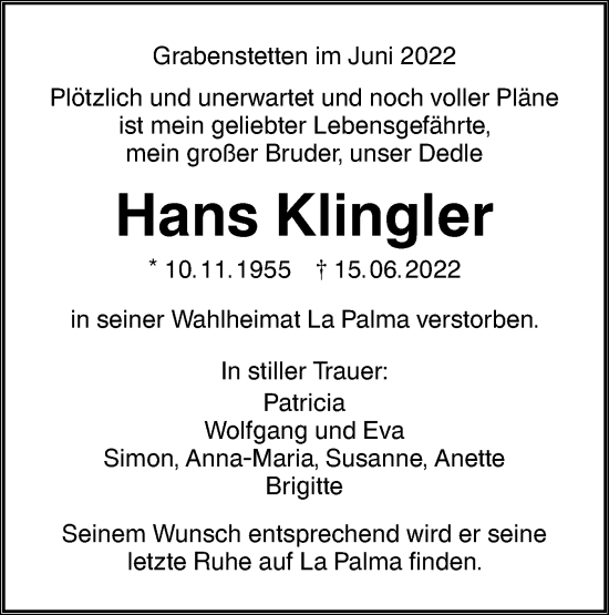 Traueranzeige von Hans Klingler von Metzinger-Uracher Volksblatt