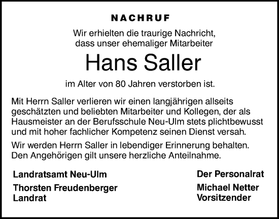 Traueranzeige von Hans Saller von SÜDWEST PRESSE Ausgabe Ulm/Neu-Ulm