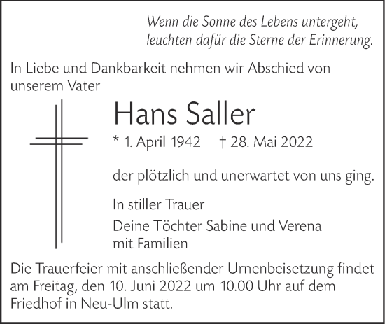 Traueranzeige von Hans Saller von SÜDWEST PRESSE Ausgabe Ulm/Neu-Ulm