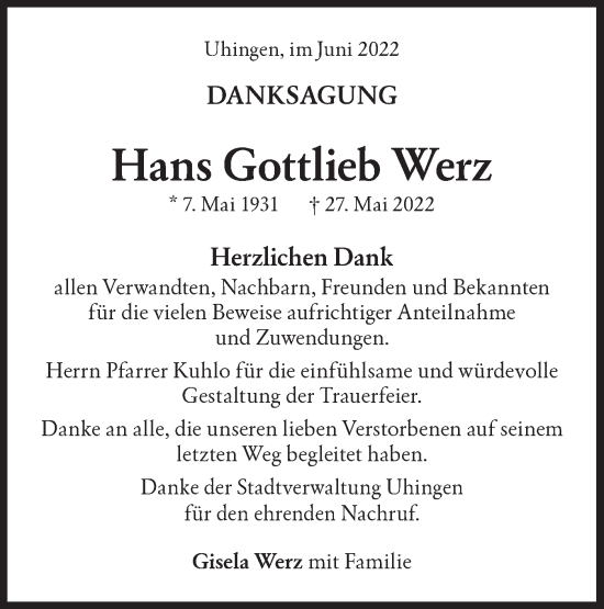 Traueranzeige von Hans Gottlieb Werz von NWZ Neue Württembergische Zeitung