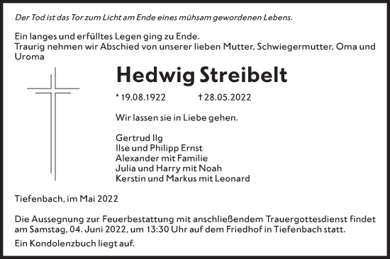 Traueranzeige von Hedwig Streibelt von Hohenloher Tagblatt