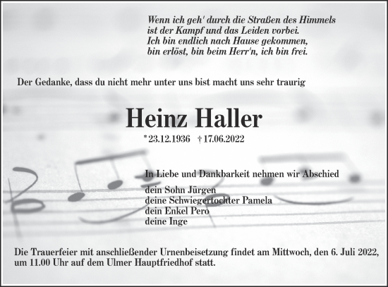 Traueranzeige von Heinz Haller von SÜDWEST PRESSE Ausgabe Ulm/Neu-Ulm