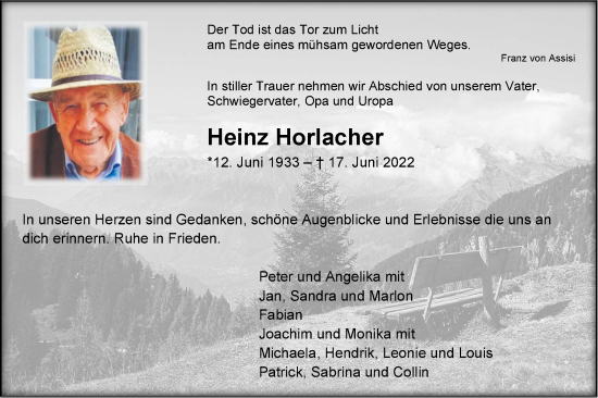 Traueranzeige von Heinz Horlacher von Haller Tagblatt