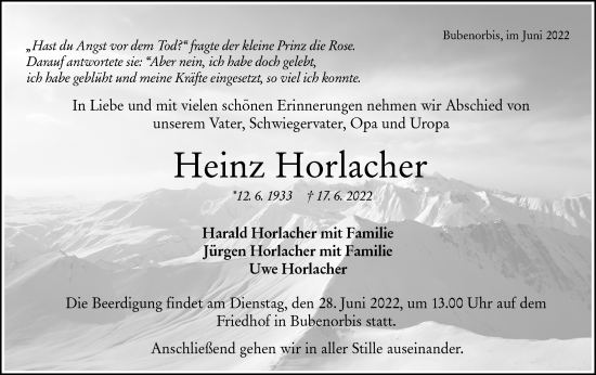 Traueranzeige von Heinz Horlacher von Haller Tagblatt