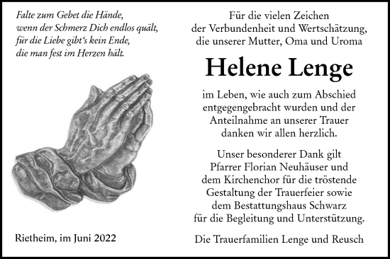 Traueranzeige von Helene Lenge von Alb-Bote/Metzinger-Uracher Volksblatt