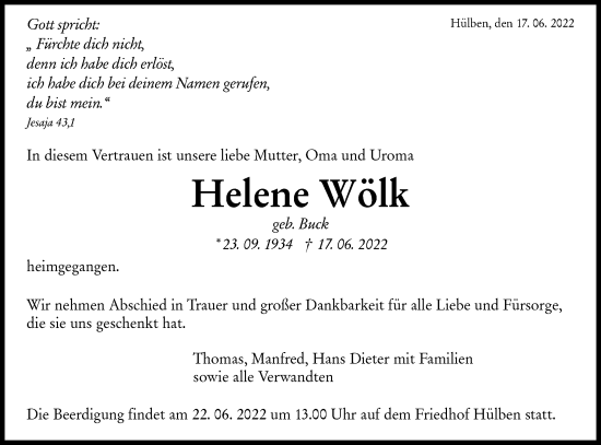 Traueranzeige von Helene Wölk von Metzinger-Uracher Volksblatt