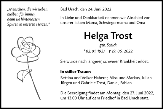 Traueranzeige von Helga Trost von Metzinger-Uracher Volksblatt