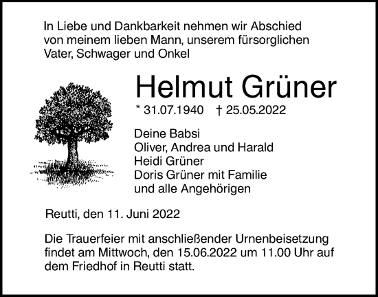 Traueranzeige von Helmut Grüner von SÜDWEST PRESSE Ausgabe Ulm/Neu-Ulm