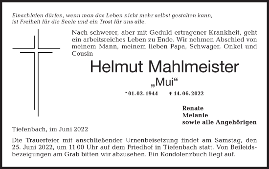 Traueranzeige von Helmut Mahlmeister von Hohenloher Tagblatt