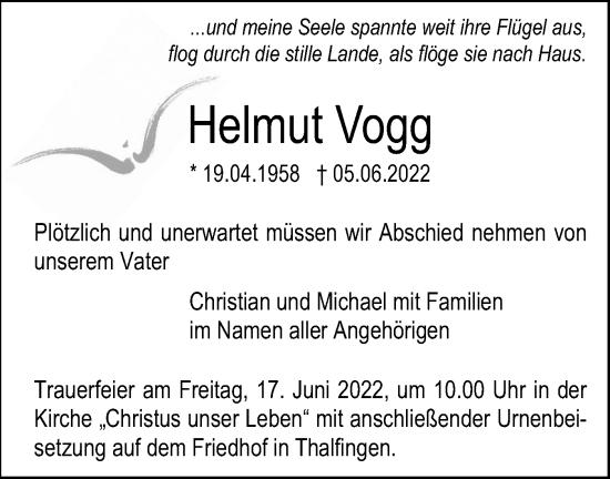 Traueranzeige von Helmut Vogg von SÜDWEST PRESSE Ausgabe Ulm/Neu-Ulm