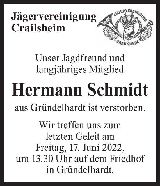 Traueranzeige von Hermann Schmidt von Hohenloher Tagblatt