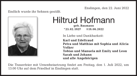 Traueranzeige von Hiltrud Hofmann von Haller Tagblatt