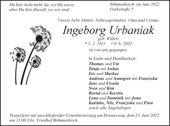 Traueranzeige von Ingeborg Urbaniak von Geislinger Zeitung