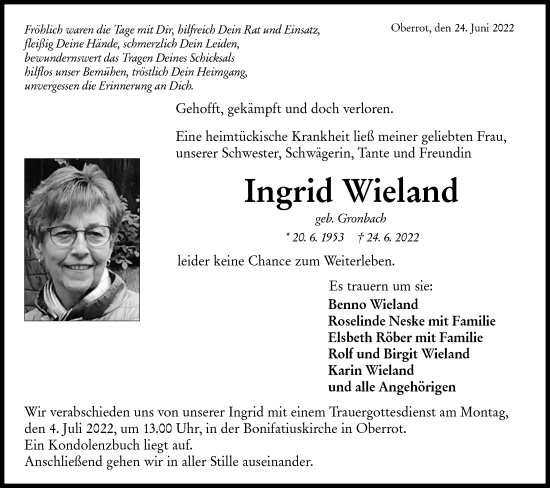 Traueranzeige von Ingrid Wieland von Haller Tagblatt