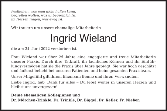 Traueranzeige von Ingrid Wieland von Haller Tagblatt/Rundschau Gaildorf