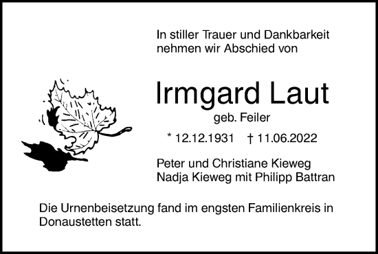 Traueranzeige von Irmgard Laut von SÜDWEST PRESSE Ausgabe Ulm/Neu-Ulm