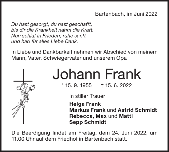 Traueranzeige von Johann Frank von NWZ Neue Württembergische Zeitung