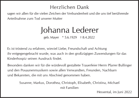 Traueranzeige von Johanna Lederer von Haller Tagblatt