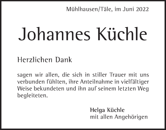 Traueranzeige von Johannes Küchle von Geislinger Zeitung