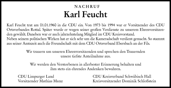 Traueranzeige von Karl Feucht von Rundschau Gaildorf