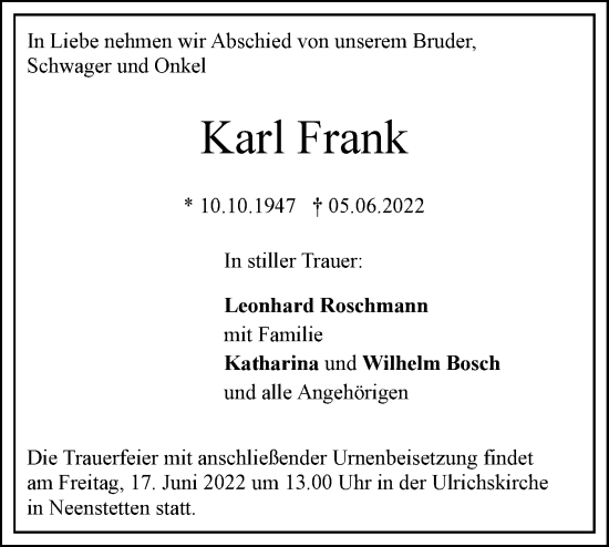 Traueranzeige von Karl Frank von SÜDWEST PRESSE Ausgabe Ulm/Neu-Ulm