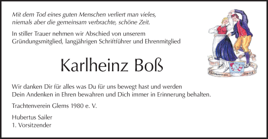 Traueranzeige von Karlheinz Boß von Metzinger-Uracher Volksblatt