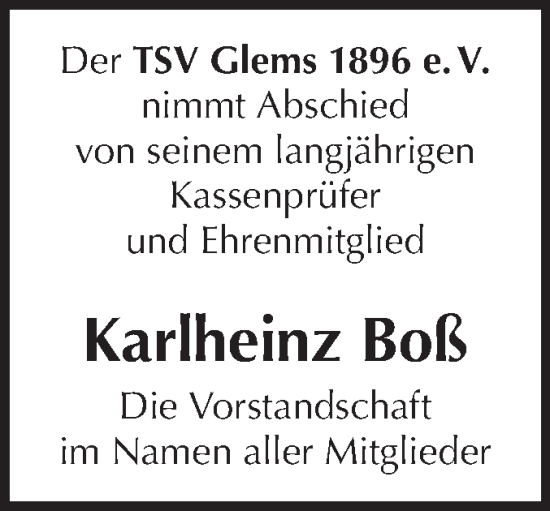 Traueranzeige von Karlheinz Boß von Metzinger-Uracher Volksblatt