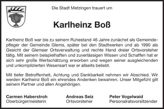 Traueranzeige von Karlheinz Boß von Metzinger-Uracher Volksblatt