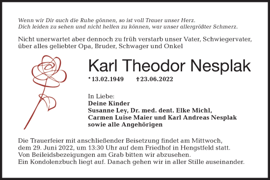 Traueranzeige von Karl Theodor Nesplak von Hohenloher Tagblatt