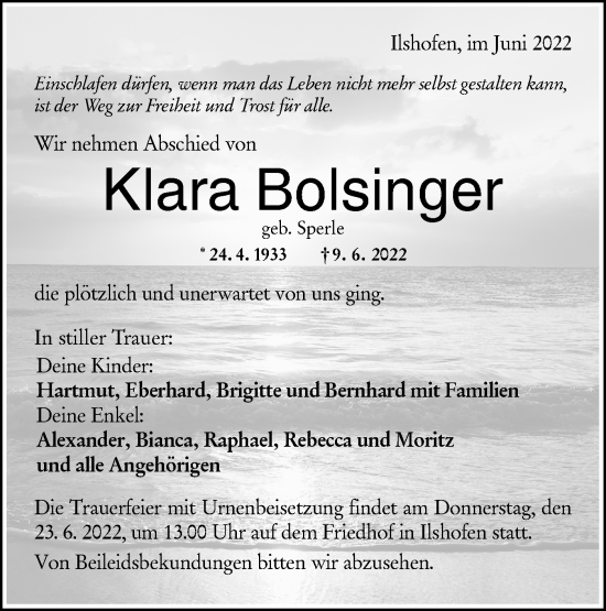 Traueranzeige von Klara Bolsinger von Haller Tagblatt