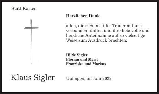 Traueranzeige von Klaus Sigler von Alb-Bote/Metzinger-Uracher Volksblatt