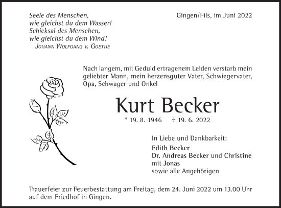 Traueranzeige von Kurt Becker von Geislinger Zeitung