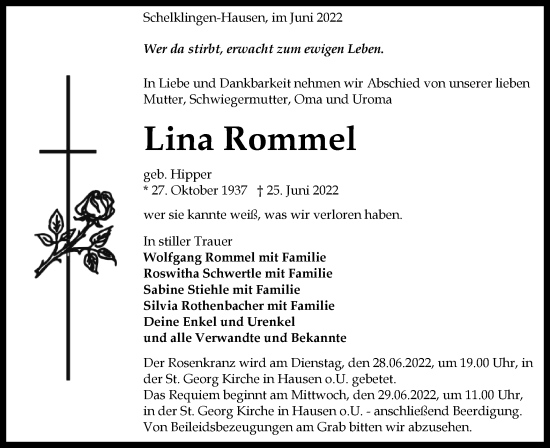 Traueranzeige von Lina Rommel von Ehinger Tagblatt