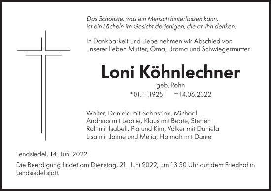 Traueranzeige von Loni Köhnlechner von Hohenloher Tagblatt