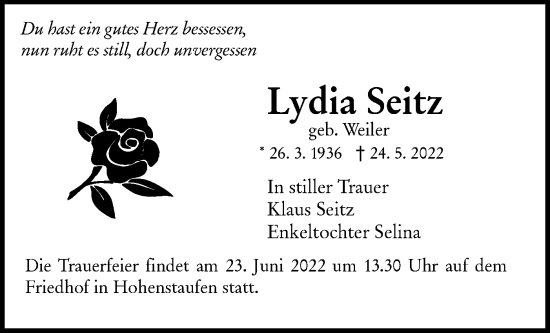 Traueranzeige von Lydia Seitz von NWZ Neue Württembergische Zeitung