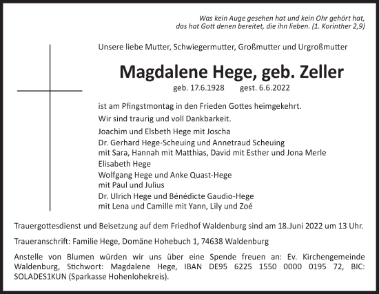 Traueranzeige von Magdalene Hege von Haller Tagblatt