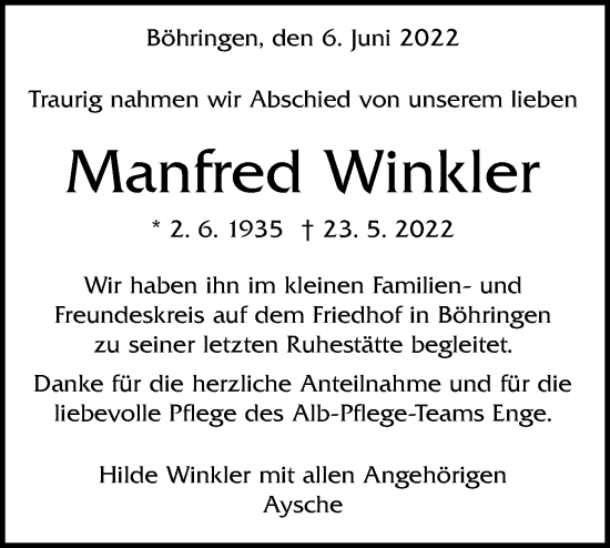 Traueranzeige von Manfred Winkler von Alb-Bote/Metzinger-Uracher Volksblatt