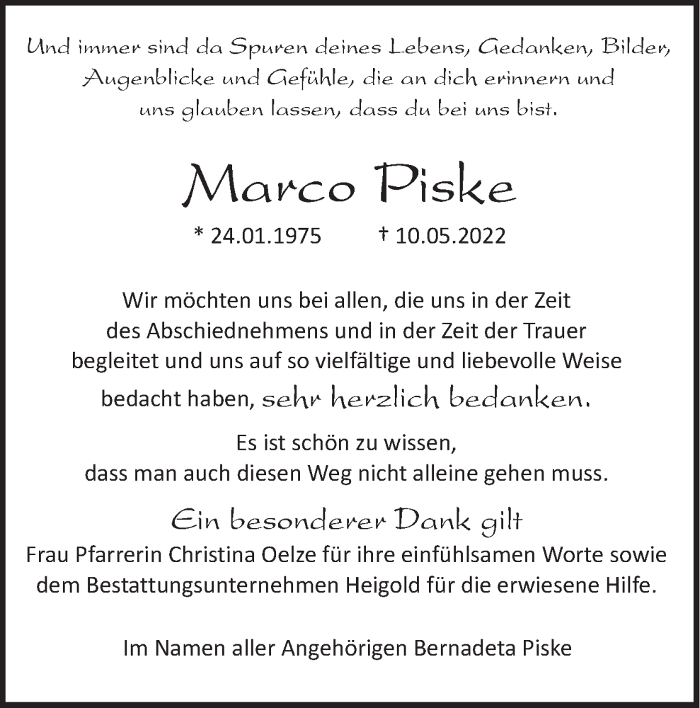  Traueranzeige für Marco Piske vom 11.06.2022 aus Haller Tagblatt