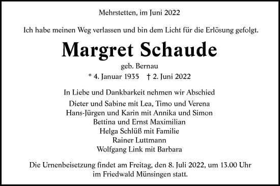 Traueranzeige von Margret Schaude von Alb-Bote/Metzinger-Uracher Volksblatt