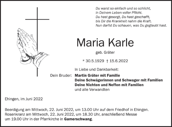 Traueranzeige von Maria Karle von Ehinger Tagblatt