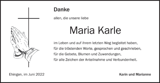 Traueranzeige von Maria Karle von Ehinger Tagblatt