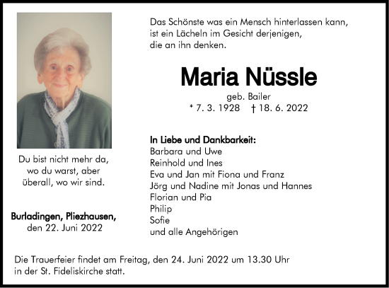 Traueranzeige von Maria Nüssle von Metzinger-Uracher Volksblatt